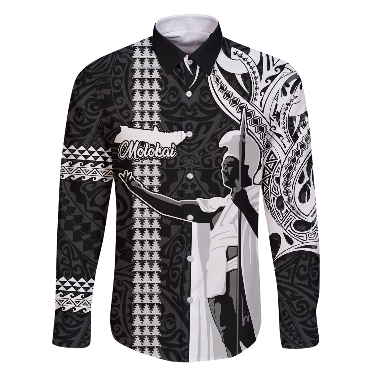 Hawaii Molokai Island Family Matching Off Shoulder Long Sleeve Dress and Hawaiian Shirt Hawaiian King and Kakau Symbols Abstract Shoulder Tattoo LT03 Dad's Shirt - Long Sleeve Black - Polynesian Pride