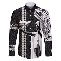 Hawaii Molokai Island Family Matching Summer Maxi Dress and Hawaiian Shirt Hawaiian King and Kakau Symbols Abstract Shoulder Tattoo LT03 Dad's Shirt - Long Sleeve Black - Polynesian Pride