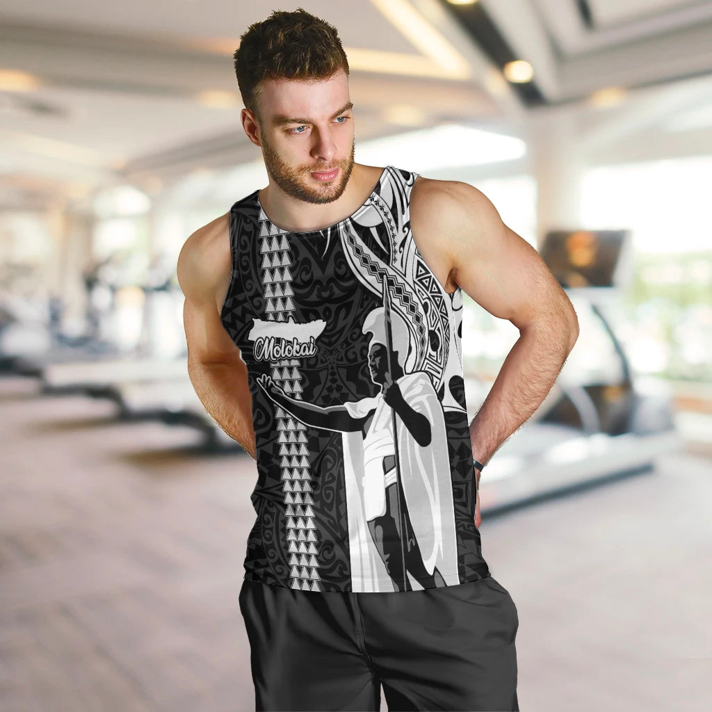 Hawaii Molokai Island Men Tank Top Hawaiian King and Kakau Symbols Abstract Shoulder Tattoo LT03 - Polynesian Pride