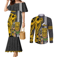 Hawaii Niihau Island Couples Matching Mermaid Dress and Long Sleeve Button Shirts Hawaiian Warrior and Kakau Symbols Abstract Tattoo LT03 Yellow - Polynesian Pride