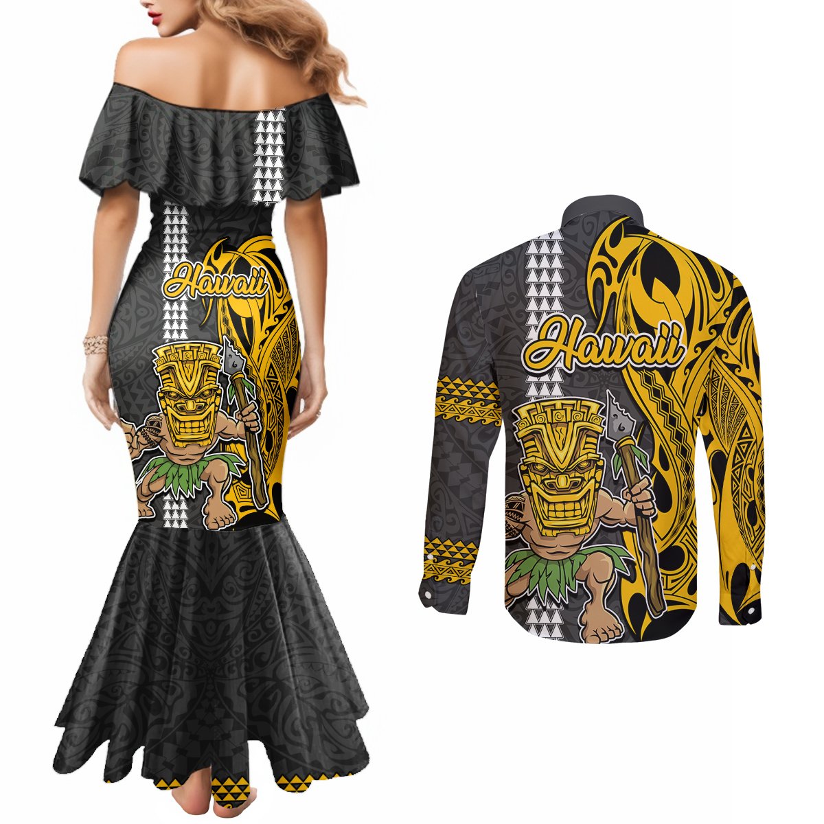 Hawaii Niihau Island Couples Matching Mermaid Dress and Long Sleeve Button Shirts Hawaiian Warrior and Kakau Symbols Abstract Tattoo LT03 - Polynesian Pride