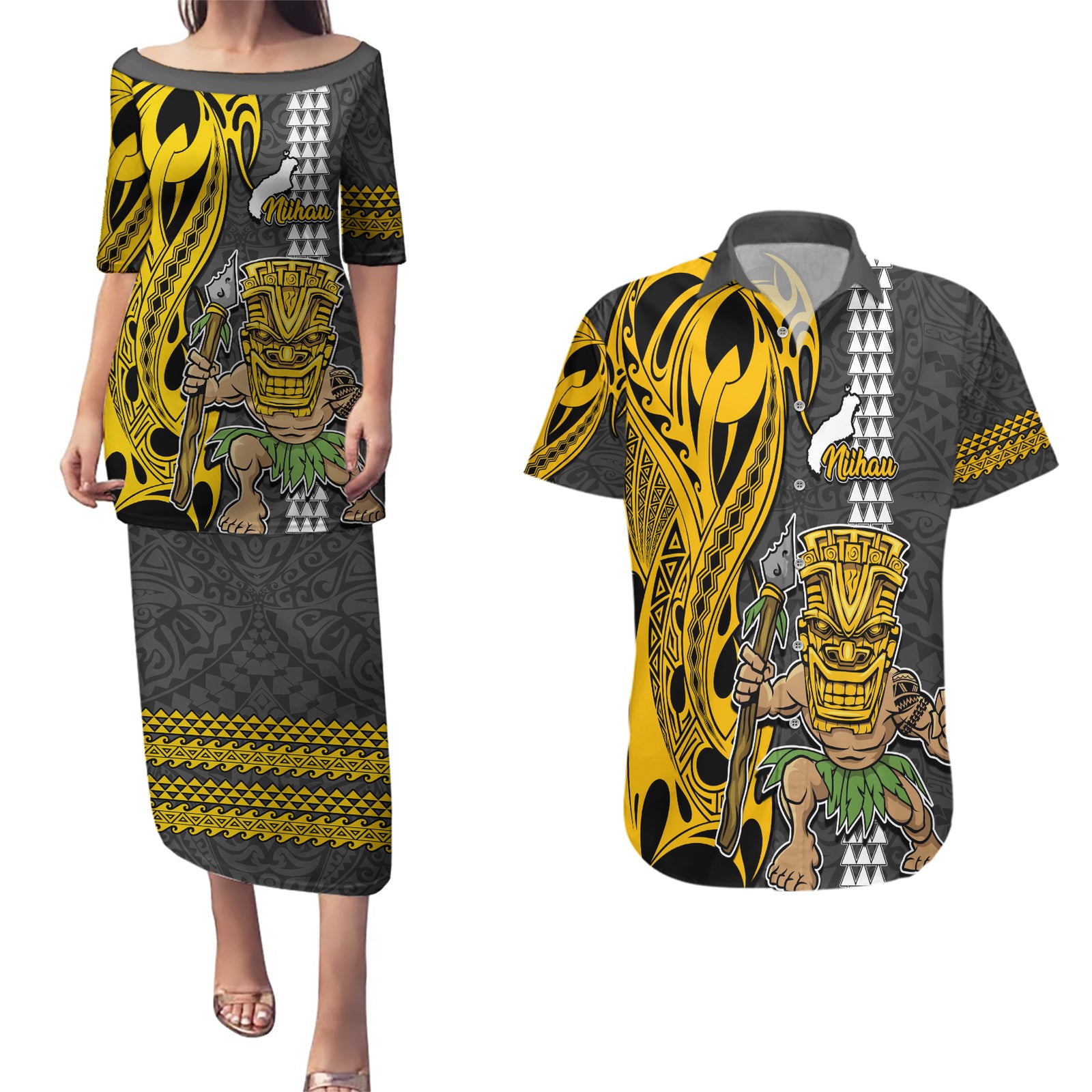 Hawaii Niihau Island Couples Matching Puletasi Dress and Hawaiian Shirt Hawaiian Warrior and Kakau Symbols Abstract Tattoo LT03 Yellow - Polynesian Pride