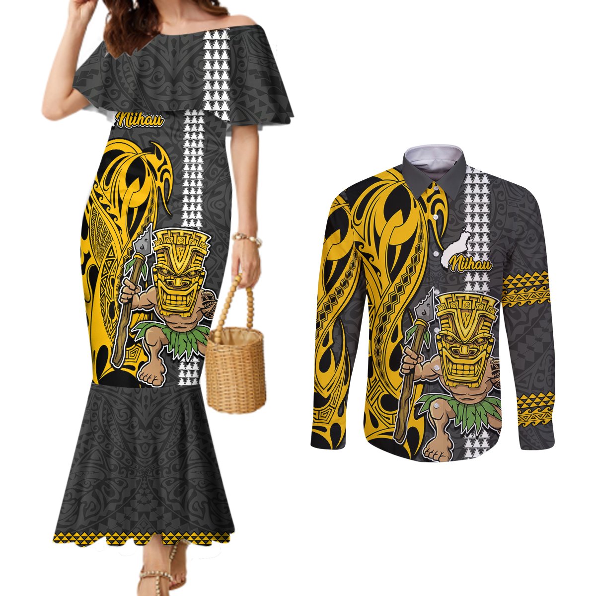 Custom Hawaii Niihau Island Couples Matching Mermaid Dress and Long Sleeve Button Shirts Hawaiian Warrior and Kakau Symbols Abstract Tattoo LT03 Yellow - Polynesian Pride