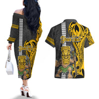 Custom Hawaii Niihau Island Couples Matching Off The Shoulder Long Sleeve Dress and Hawaiian Shirt Hawaiian Warrior and Kakau Symbols Abstract Tattoo LT03 - Polynesian Pride