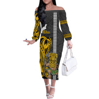 Custom Hawaii Niihau Island Family Matching Off Shoulder Long Sleeve Dress and Hawaiian Shirt Hawaiian Warrior and Kakau Symbols Abstract Tattoo LT03 Mom's Dress Yellow - Polynesian Pride
