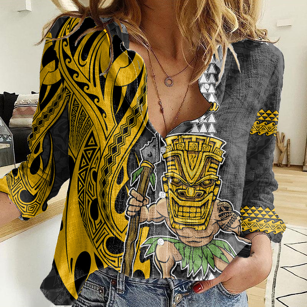 Custom Hawaii Niihau Island Women Casual Shirt Hawaiian Warrior and Kakau Symbols Abstract Tattoo LT03 Female Yellow - Polynesian Pride