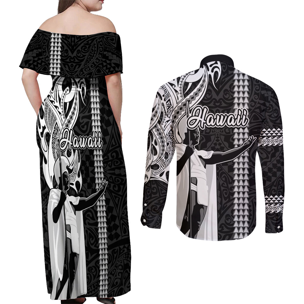Hawaii Niihau Island Couples Matching Off Shoulder Maxi Dress and Long Sleeve Button Shirts Hawaiian King and Kakau Symbols Abstract Shoulder Tattoo LT03 - Polynesian Pride
