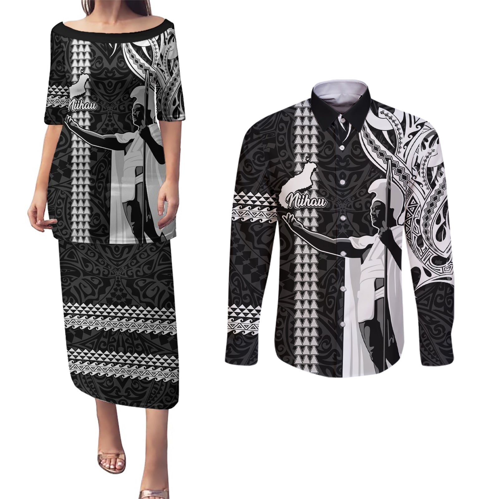 Hawaii Niihau Island Couples Matching Puletasi Dress and Long Sleeve Button Shirts Hawaiian King and Kakau Symbols Abstract Shoulder Tattoo LT03 Black - Polynesian Pride