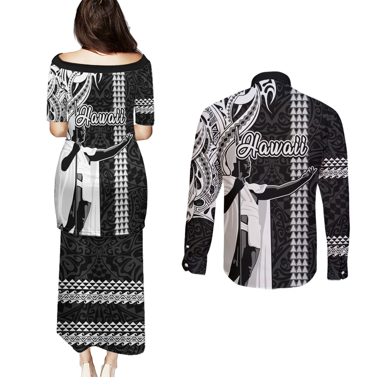 Hawaii Niihau Island Couples Matching Puletasi Dress and Long Sleeve Button Shirts Hawaiian King and Kakau Symbols Abstract Shoulder Tattoo LT03 - Polynesian Pride