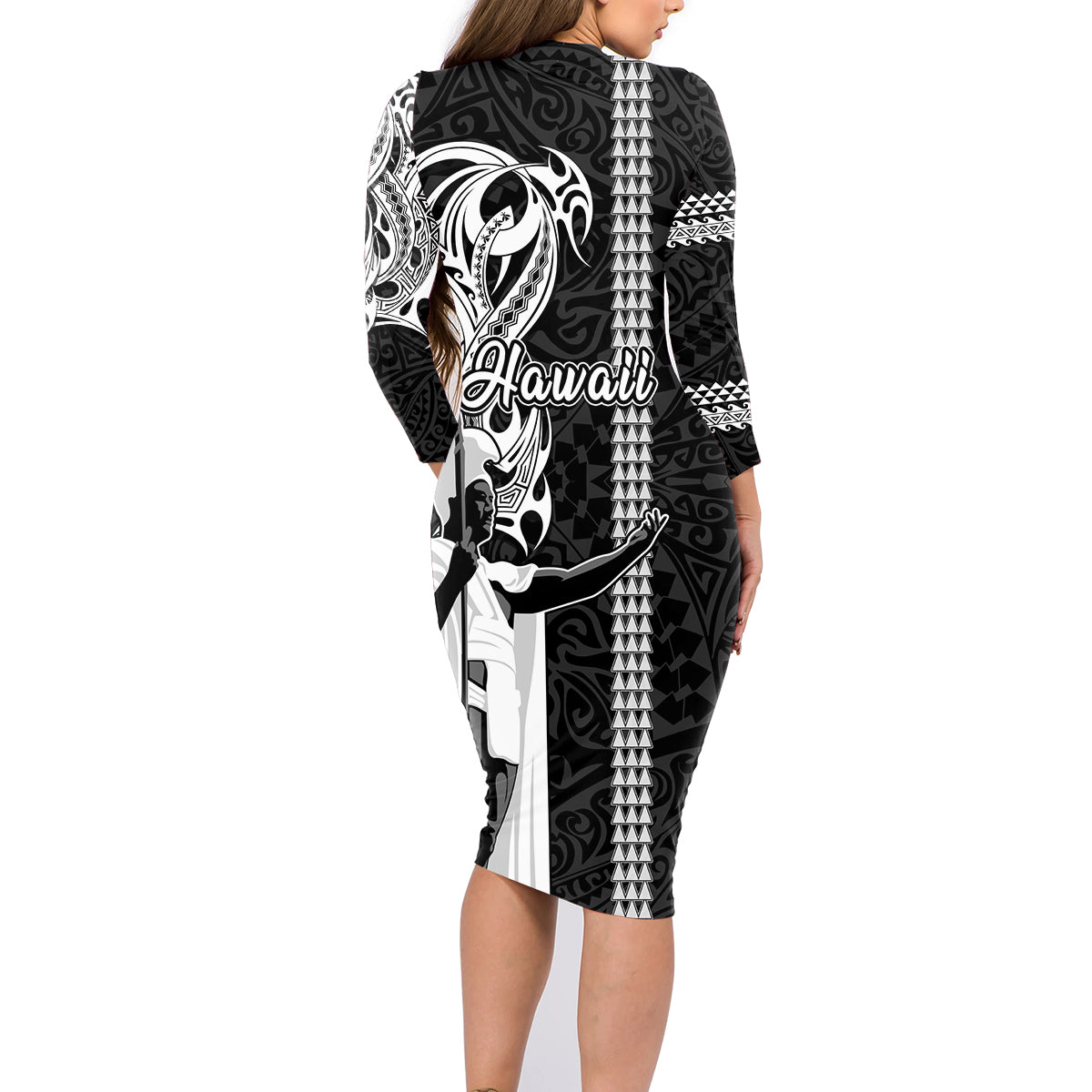 Hawaii Niihau Island Family Matching Long Sleeve Bodycon Dress and Hawaiian Shirt Hawaiian King and Kakau Symbols Abstract Shoulder Tattoo LT03 - Polynesian Pride