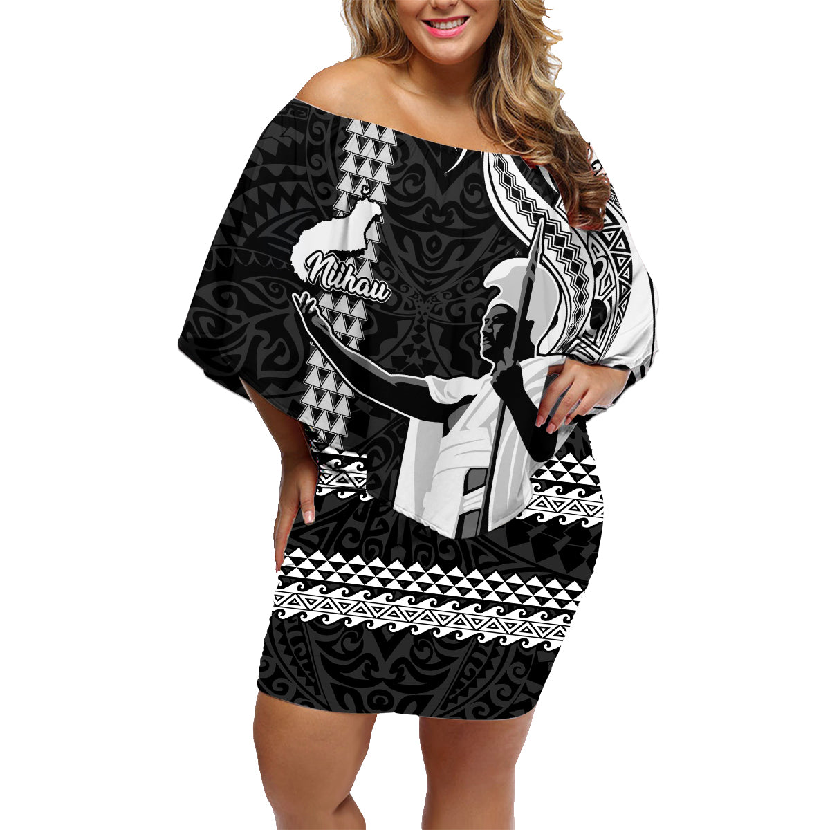 Hawaii Niihau Island Family Matching Off Shoulder Short Dress and Hawaiian Shirt Hawaiian King and Kakau Symbols Abstract Shoulder Tattoo LT03 Mom's Dress Black - Polynesian Pride