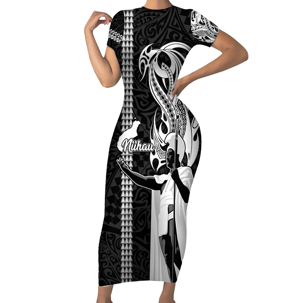 Hawaii Niihau Island Short Sleeve Bodycon Dress Hawaiian King and Kakau Symbols Abstract Shoulder Tattoo LT03 Long Dress Black - Polynesian Pride