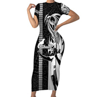 Hawaii Niihau Island Short Sleeve Bodycon Dress Hawaiian King and Kakau Symbols Abstract Shoulder Tattoo LT03 Long Dress Black - Polynesian Pride