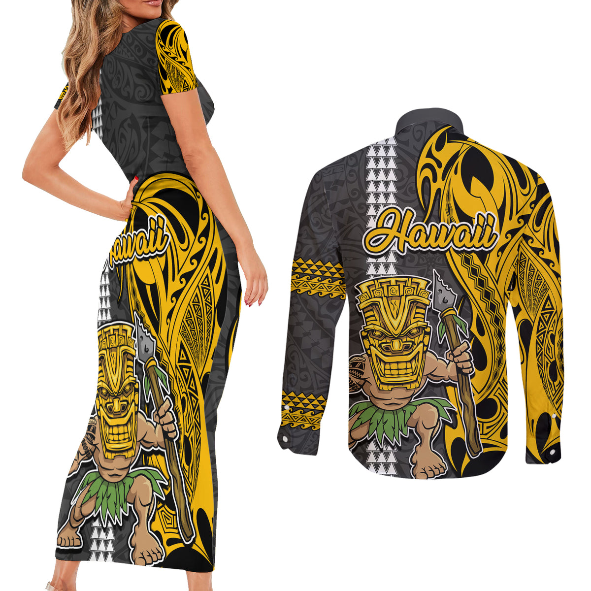 Hawaii Oahu Island Couples Matching Short Sleeve Bodycon Dress and Long Sleeve Button Shirts Hawaiian Warrior and Kakau Symbols Abstract Tattoo LT03 - Polynesian Pride