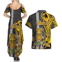 Hawaii Oahu Island Couples Matching Summer Maxi Dress and Hawaiian Shirt Hawaiian Warrior and Kakau Symbols Abstract Tattoo LT03 - Polynesian Pride