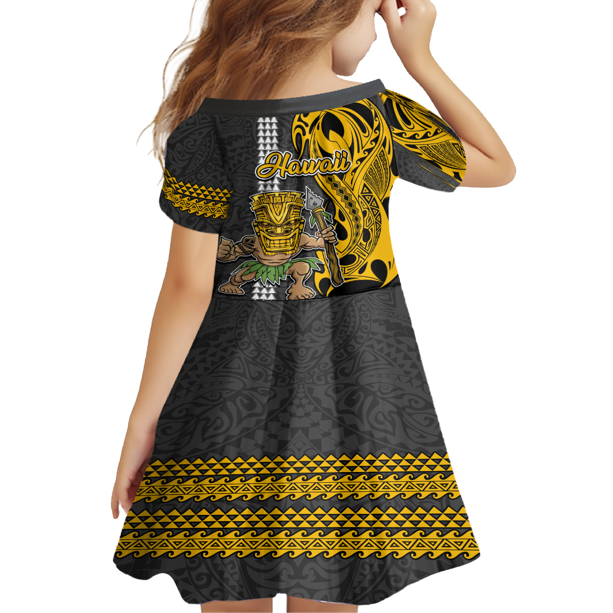 Hawaii Oahu Island Kid Short Sleeve Dress Hawaiian Warrior and Kakau Symbols Abstract Tattoo LT03 - Polynesian Pride