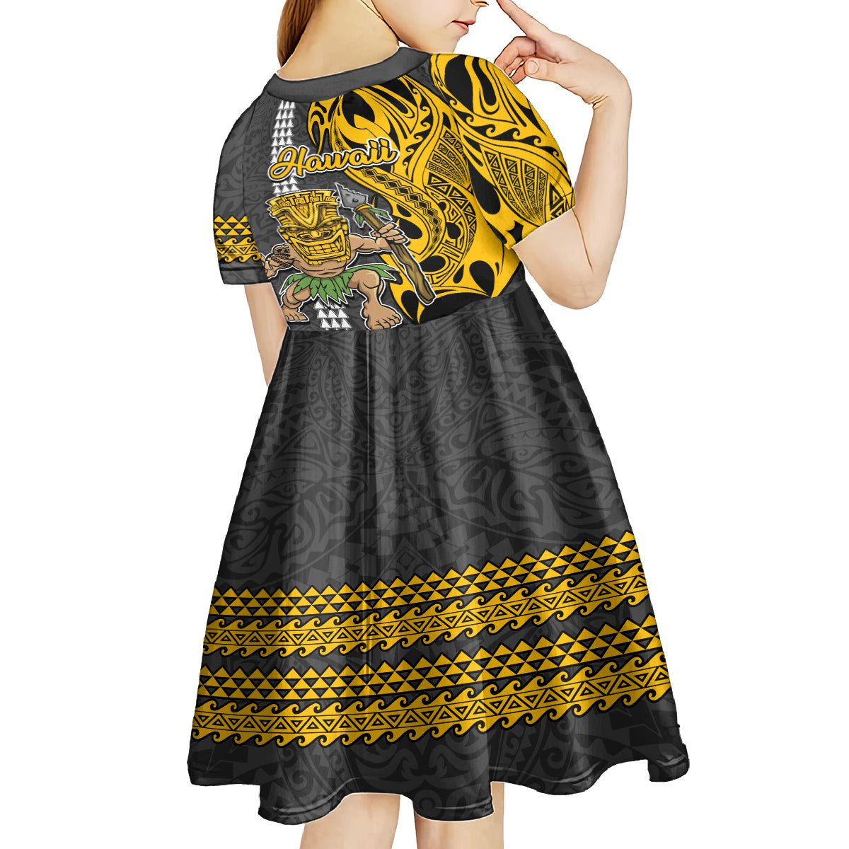 Hawaii Oahu Island Kid Short Sleeve Dress Hawaiian Warrior and Kakau Symbols Abstract Tattoo LT03 - Polynesian Pride