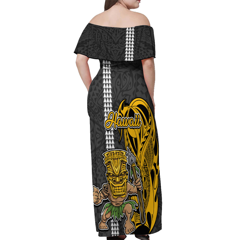 Hawaii Oahu Island Off Shoulder Maxi Dress Hawaiian Warrior and Kakau Symbols Abstract Tattoo LT03 - Polynesian Pride