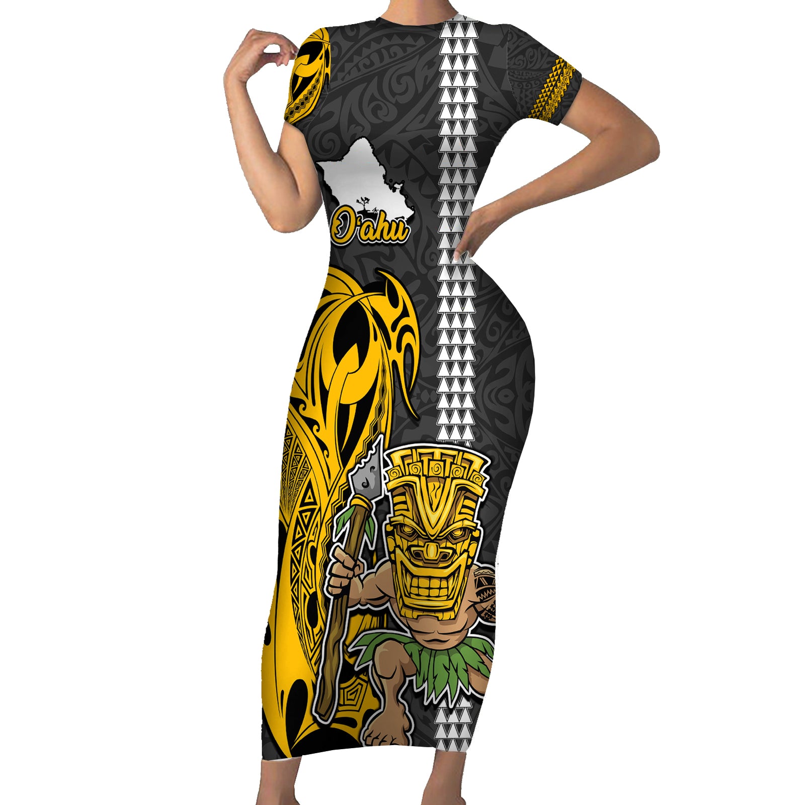 Hawaii Oahu Island Short Sleeve Bodycon Dress Hawaiian Warrior and Kakau Symbols Abstract Tattoo LT03 Long Dress Yellow - Polynesian Pride