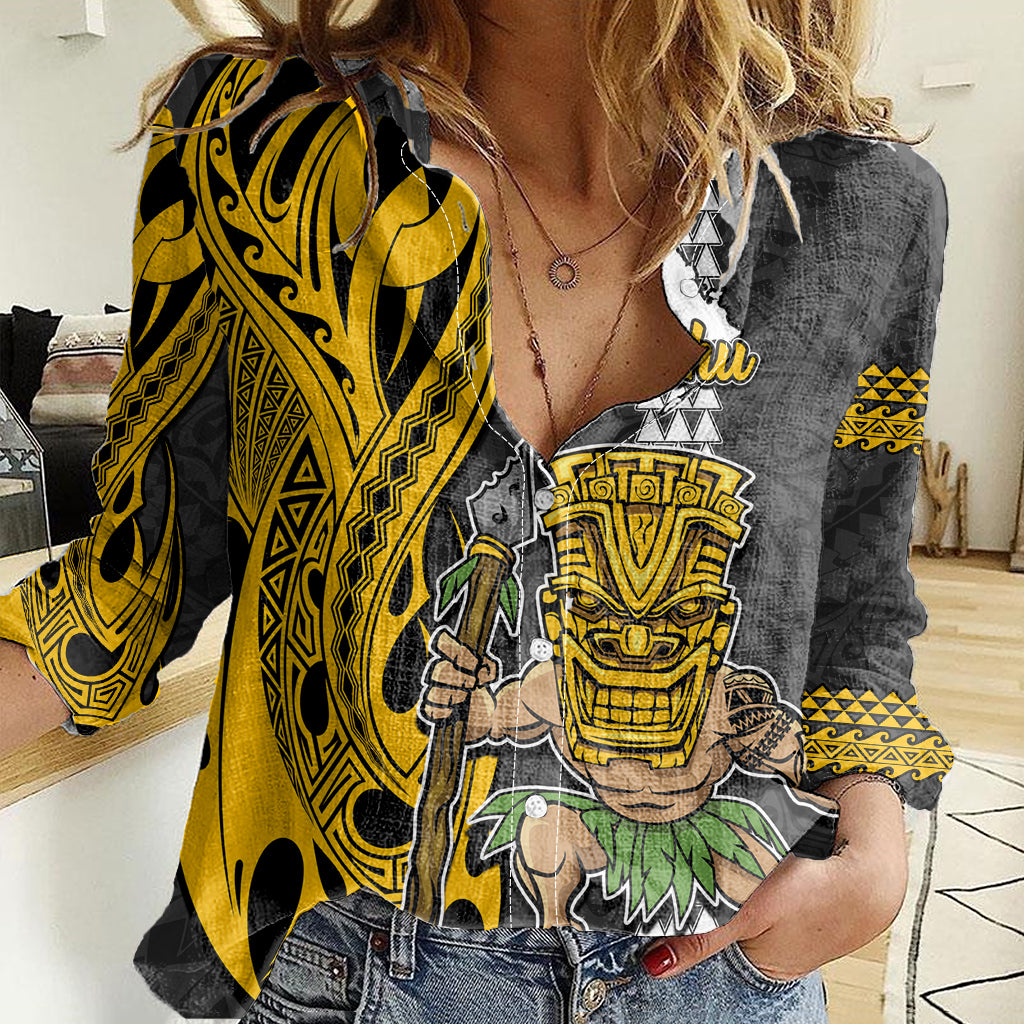 Hawaii Oahu Island Women Casual Shirt Hawaiian Warrior and Kakau Symbols Abstract Tattoo LT03 Female Yellow - Polynesian Pride