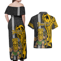 Custom Hawaii Oahu Island Couples Matching Off Shoulder Maxi Dress and Hawaiian Shirt Hawaiian Warrior and Kakau Symbols Abstract Tattoo LT03 - Polynesian Pride