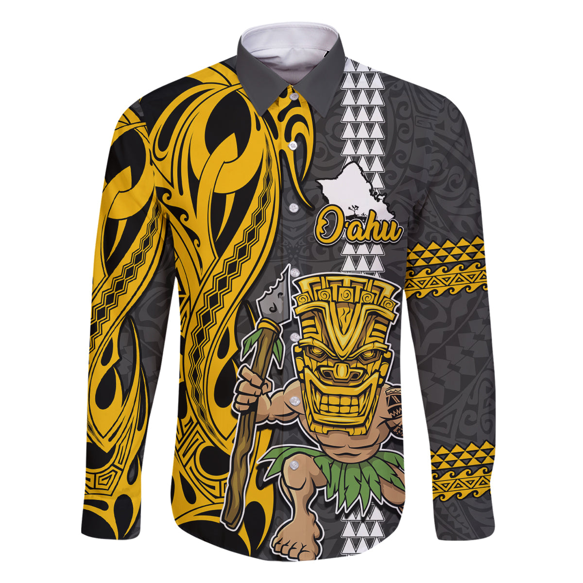 Custom Hawaii Oahu Island Family Matching Off Shoulder Short Dress and Hawaiian Shirt Hawaiian Warrior and Kakau Symbols Abstract Tattoo LT03 Dad's Shirt - Long Sleeve Yellow - Polynesian Pride