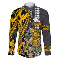 Custom Hawaii Oahu Island Family Matching Summer Maxi Dress and Hawaiian Shirt Hawaiian Warrior and Kakau Symbols Abstract Tattoo LT03 Dad's Shirt - Long Sleeve Yellow - Polynesian Pride