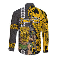 Custom Hawaii Oahu Island Long Sleeve Button Shirt Hawaiian Warrior and Kakau Symbols Abstract Tattoo LT03 - Polynesian Pride