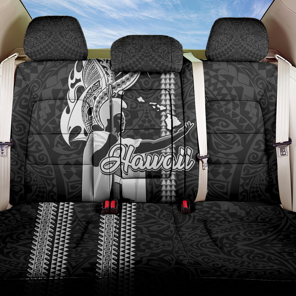 Hawaii Oahu Island Back Car Seat Cover Hawaiian King and Kakau Symbols Abstract Shoulder Tattoo LT03 One Size Black - Polynesian Pride