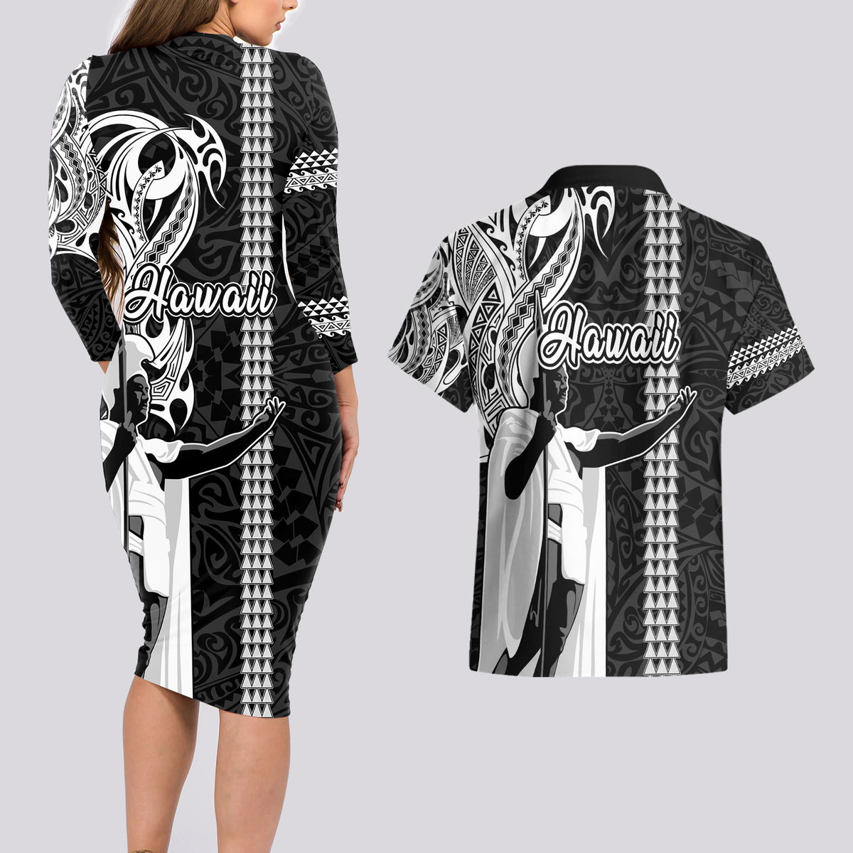 Hawaii Oahu Island Couples Matching Long Sleeve Bodycon Dress and Hawaiian Shirt Hawaiian King and Kakau Symbols Abstract Shoulder Tattoo LT03 - Polynesian Pride