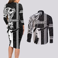 Hawaii Oahu Island Couples Matching Long Sleeve Bodycon Dress and Long Sleeve Button Shirts Hawaiian King and Kakau Symbols Abstract Shoulder Tattoo LT03 - Polynesian Pride