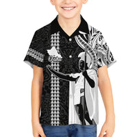 Hawaii Oahu Island Kid Hawaiian Shirt Hawaiian King and Kakau Symbols Abstract Shoulder Tattoo LT03 Kid Black - Polynesian Pride