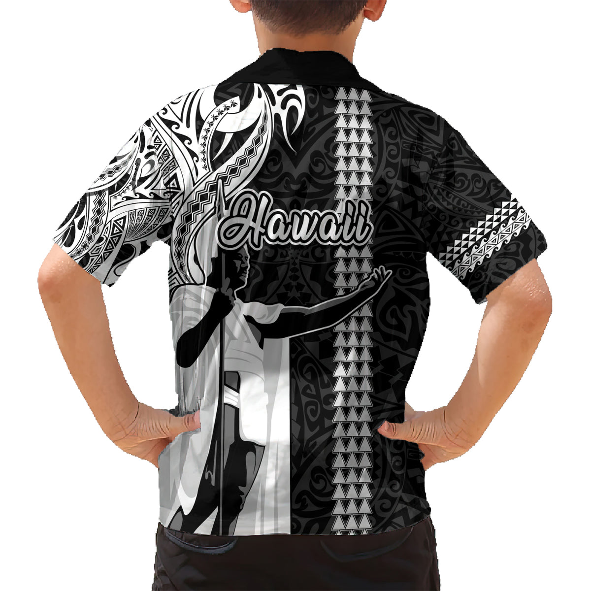 Hawaii Oahu Island Kid Hawaiian Shirt Hawaiian King and Kakau Symbols Abstract Shoulder Tattoo LT03 - Polynesian Pride