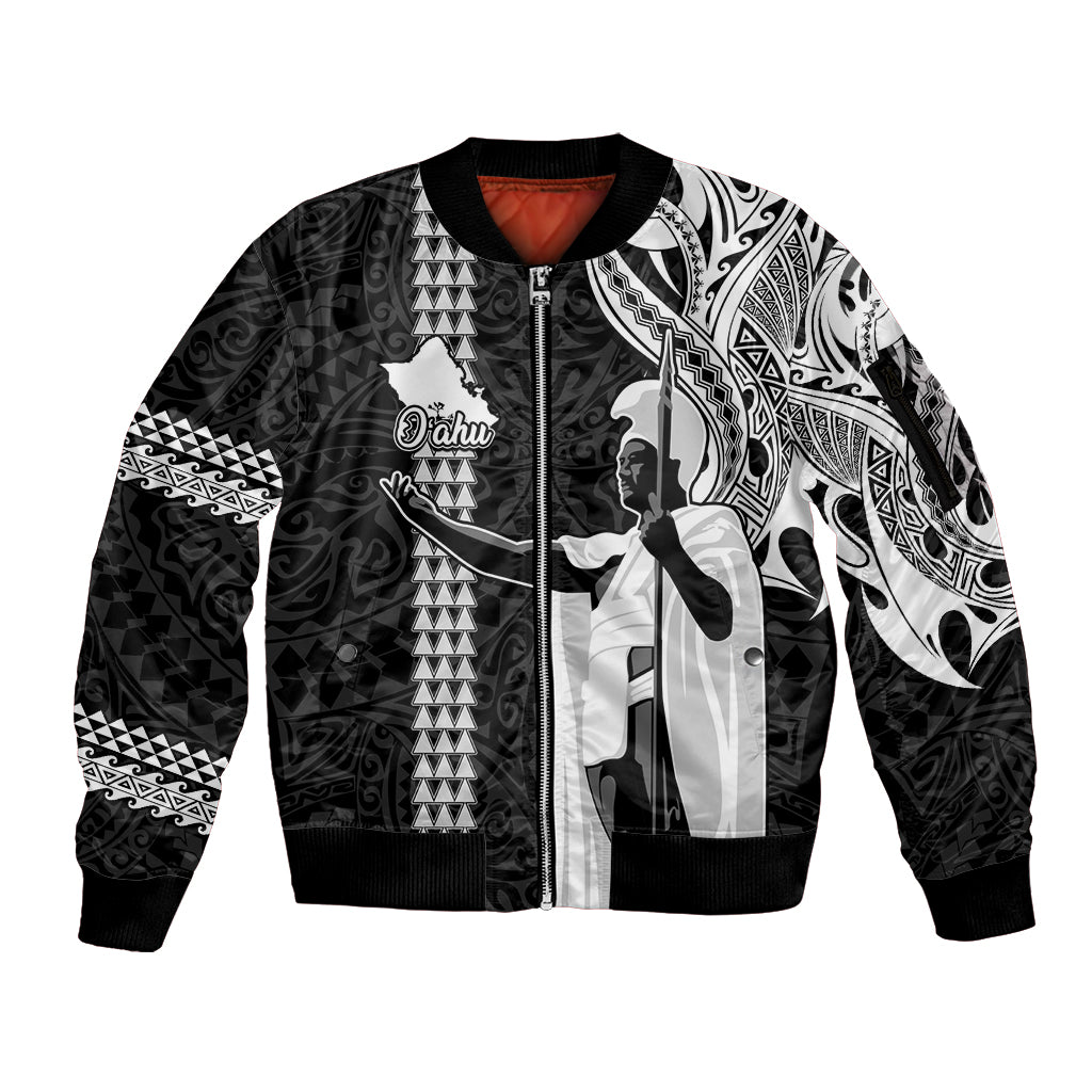 Hawaii Oahu Island Sleeve Zip Bomber Jacket Hawaiian King and Kakau Symbols Abstract Shoulder Tattoo LT03 Unisex Black - Polynesian Pride