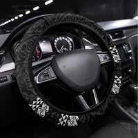 Hawaii Oahu Island Steering Wheel Cover Hawaiian King and Kakau Symbols Abstract Shoulder Tattoo LT03 Universal Fit Black - Polynesian Pride