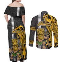Hawaii Kahoolawe Island Couples Matching Off Shoulder Maxi Dress and Long Sleeve Button Shirts Hawaiian Warrior and Kakau Symbols Abstract Tattoo LT03 - Polynesian Pride