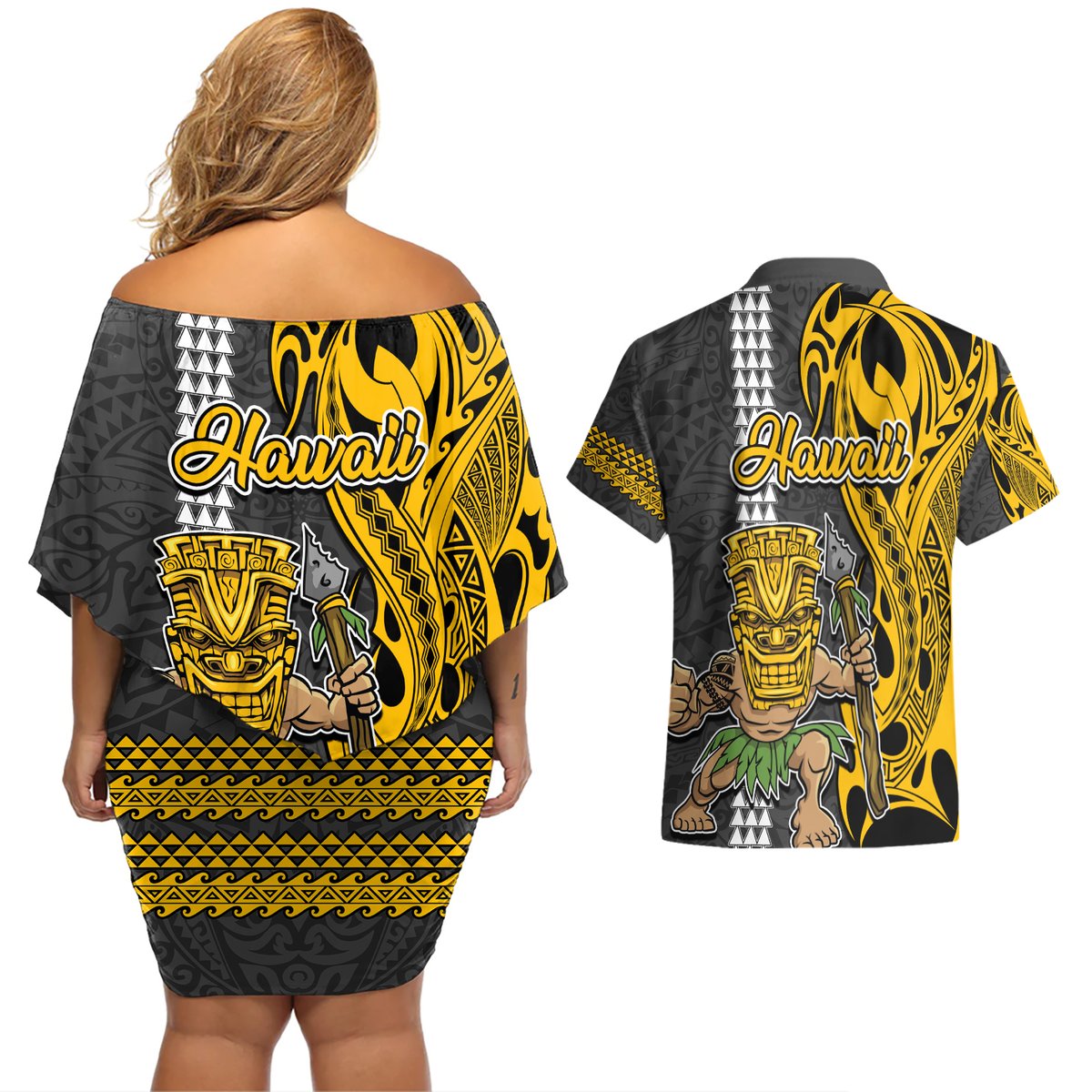 Hawaii Kahoolawe Island Couples Matching Off Shoulder Short Dress and Hawaiian Shirt Hawaiian Warrior and Kakau Symbols Abstract Tattoo LT03 - Polynesian Pride