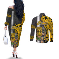 Hawaii Kahoolawe Island Couples Matching Off The Shoulder Long Sleeve Dress and Long Sleeve Button Shirts Hawaiian Warrior and Kakau Symbols Abstract Tattoo LT03 - Polynesian Pride