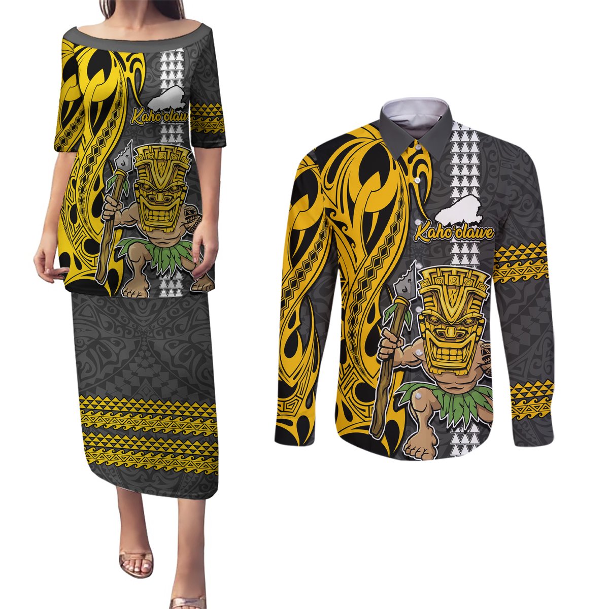 Hawaii Kahoolawe Island Couples Matching Puletasi Dress and Long Sleeve Button Shirts Hawaiian Warrior and Kakau Symbols Abstract Tattoo LT03 Yellow - Polynesian Pride