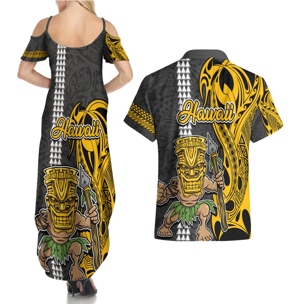 Hawaii Kahoolawe Island Couples Matching Summer Maxi Dress and Hawaiian Shirt Hawaiian Warrior and Kakau Symbols Abstract Tattoo LT03 - Polynesian Pride