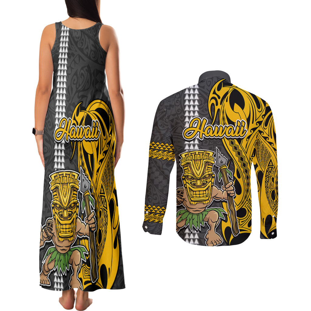 Hawaii Kahoolawe Island Couples Matching Tank Maxi Dress and Long Sleeve Button Shirts Hawaiian Warrior and Kakau Symbols Abstract Tattoo LT03 - Polynesian Pride