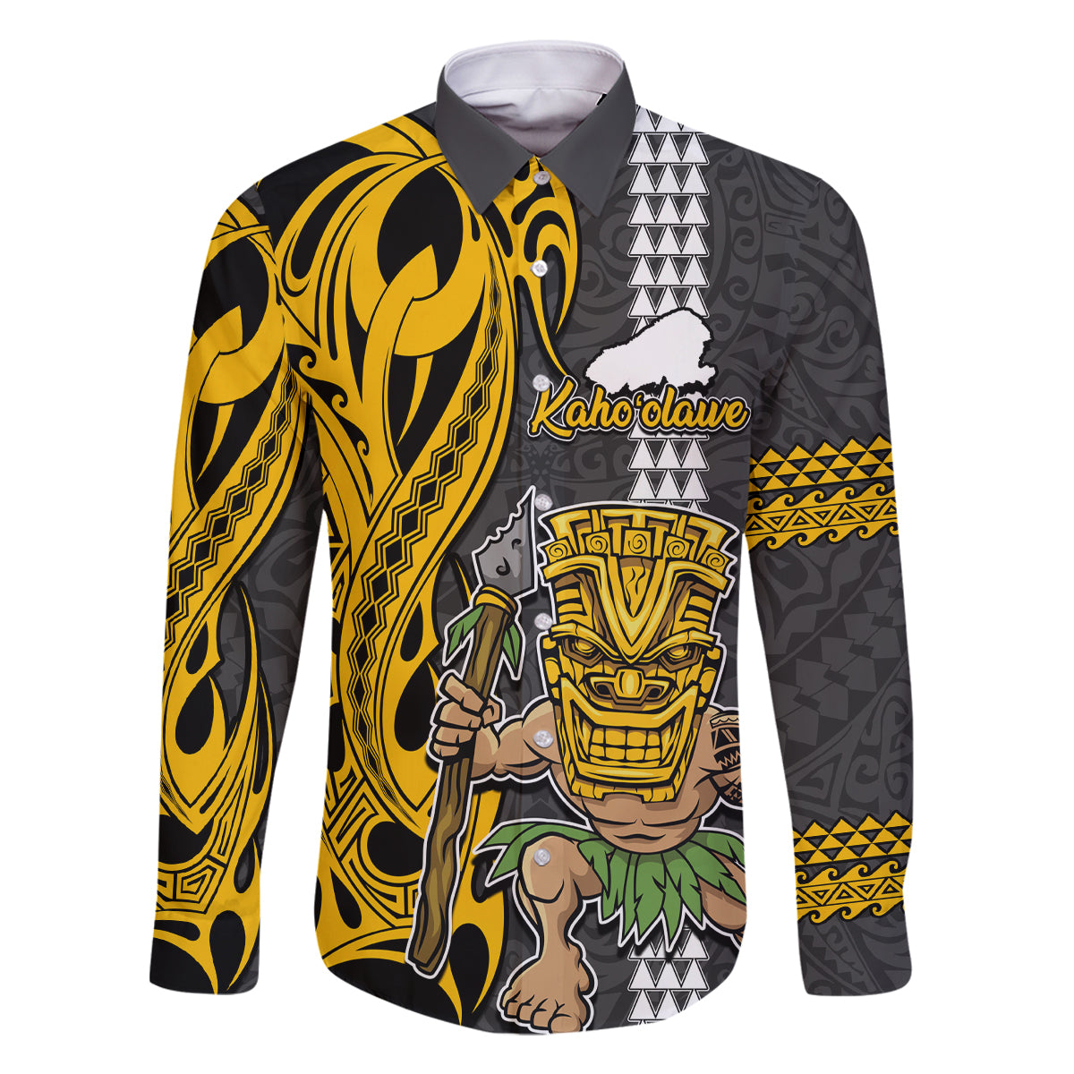 Hawaii Kahoolawe Island Family Matching Off Shoulder Short Dress and Hawaiian Shirt Hawaiian Warrior and Kakau Symbols Abstract Tattoo LT03 Dad's Shirt - Long Sleeve Yellow - Polynesian Pride