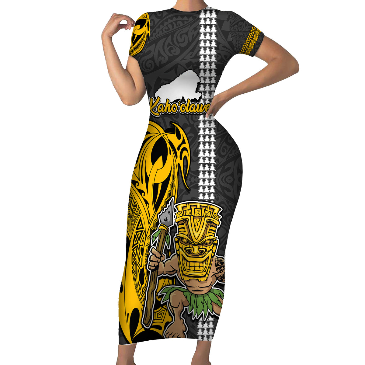 Hawaii Kahoolawe Island Family Matching Short Sleeve Bodycon Dress and Hawaiian Shirt Hawaiian Warrior and Kakau Symbols Abstract Tattoo LT03 Mom's Dress Yellow - Polynesian Pride