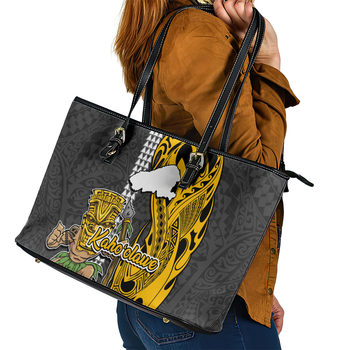 Hawaii Kahoolawe Island Leather Tote Bag Hawaiian Warrior and Kakau Symbols Abstract Tattoo LT03 - Polynesian Pride