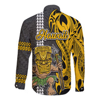 Hawaii Kahoolawe Island Long Sleeve Button Shirt Hawaiian Warrior and Kakau Symbols Abstract Tattoo LT03 - Polynesian Pride