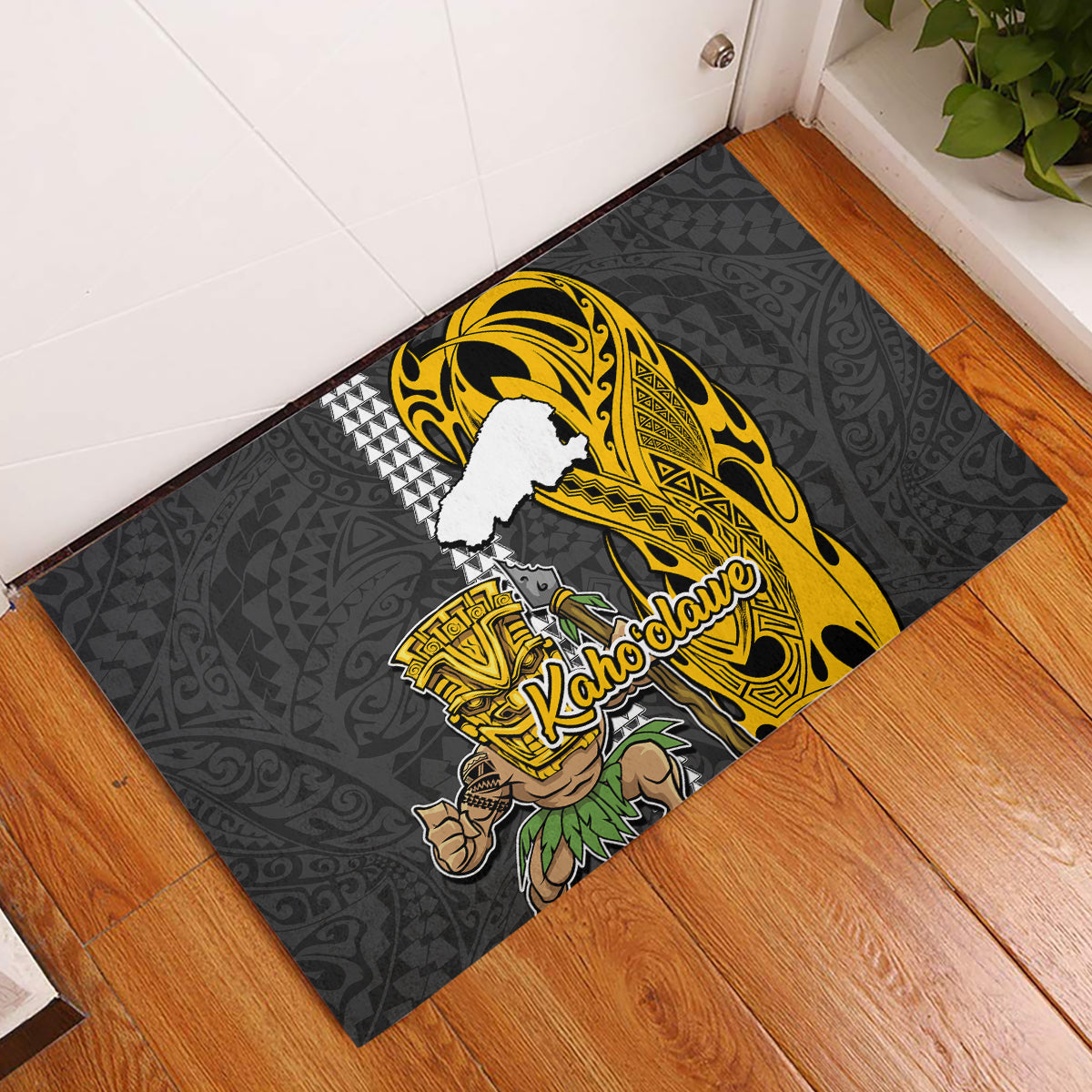 Hawaii Kahoolawe Island Rubber Doormat Hawaiian Warrior and Kakau Symbols Abstract Tattoo LT03 Yellow - Polynesian Pride