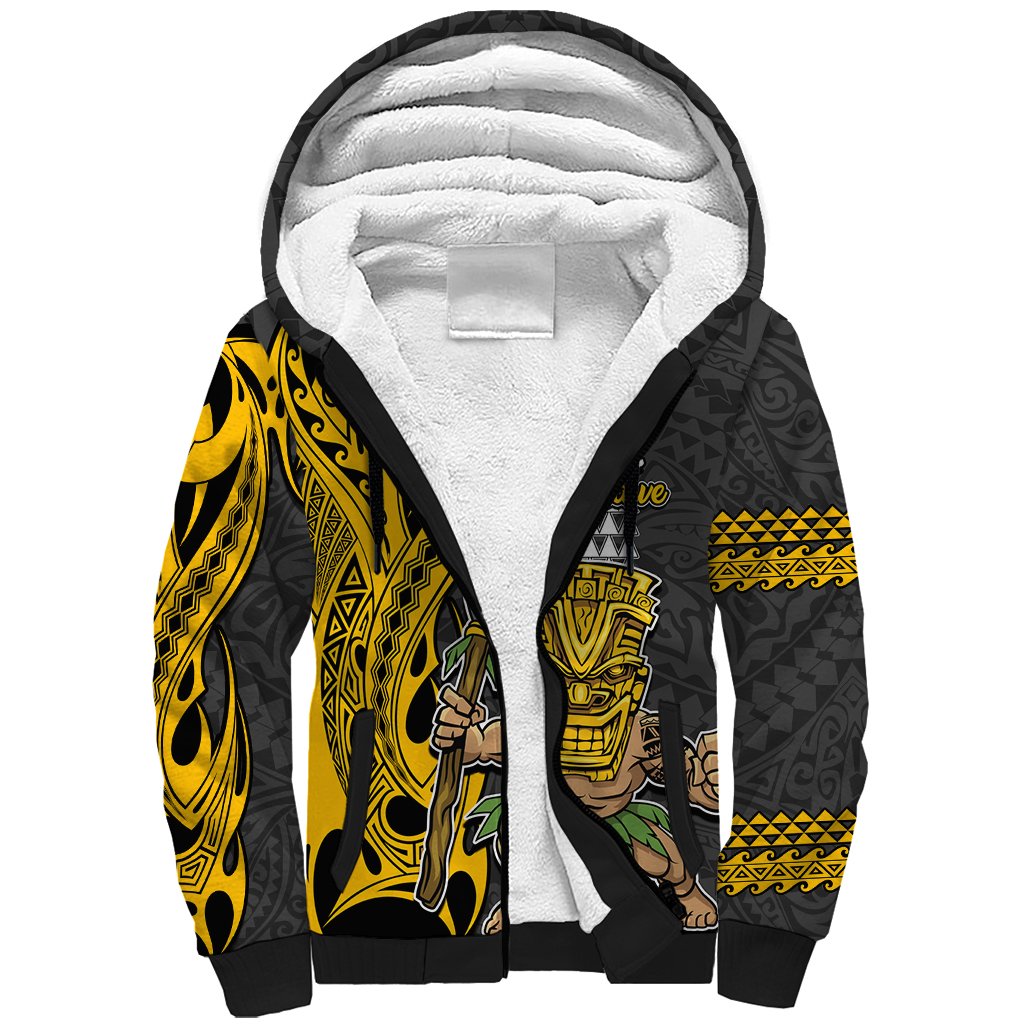 Hawaii Kahoolawe Island Sherpa Hoodie Hawaiian Warrior and Kakau Symbols Abstract Tattoo LT03 Unisex Yellow - Polynesian Pride