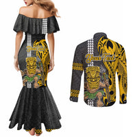 Custom Hawaii Kahoolawe Island Couples Matching Mermaid Dress and Long Sleeve Button Shirts Hawaiian Warrior and Kakau Symbols Abstract Tattoo LT03 - Polynesian Pride