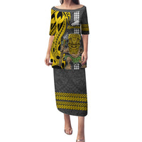 Custom Hawaii Kahoolawe Island Family Matching Puletasi Dress and Hawaiian Shirt Hawaiian Warrior and Kakau Symbols Abstract Tattoo LT03 Mom's Dress Yellow - Polynesian Pride