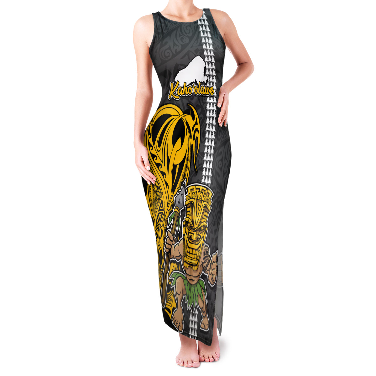 Custom Hawaii Kahoolawe Island Family Matching Tank Maxi Dress and Hawaiian Shirt Hawaiian Warrior and Kakau Symbols Abstract Tattoo LT03 Mom's Dress Yellow - Polynesian Pride